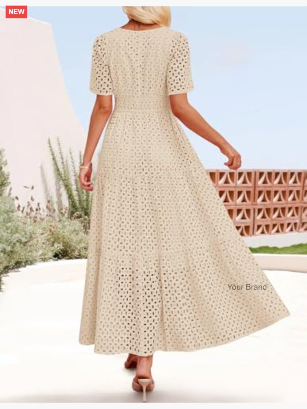 V Neck Short Sleeve Eyelet Ruffle Maxi Dress Hollow Out Swing A Line - Picture 5 of 7